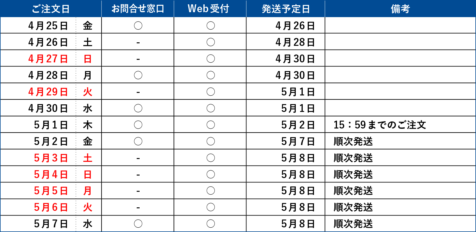 ゴールでウィークの営業スケジュールの表