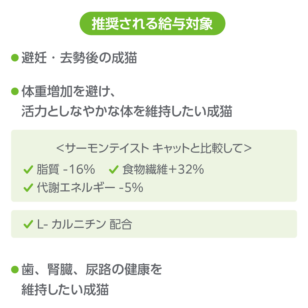 推奨される給与対象は、避妊・去勢後の成猫。体重増加を避け、活力としなやかな体を維持したい成猫。サーモンテイストキャットと比較して、脂質-16%、食物繊維＋23％、代謝エネルギー-5%、L-カルニチン配合。歯、腎臓、尿路の健康を維持したい成猫。